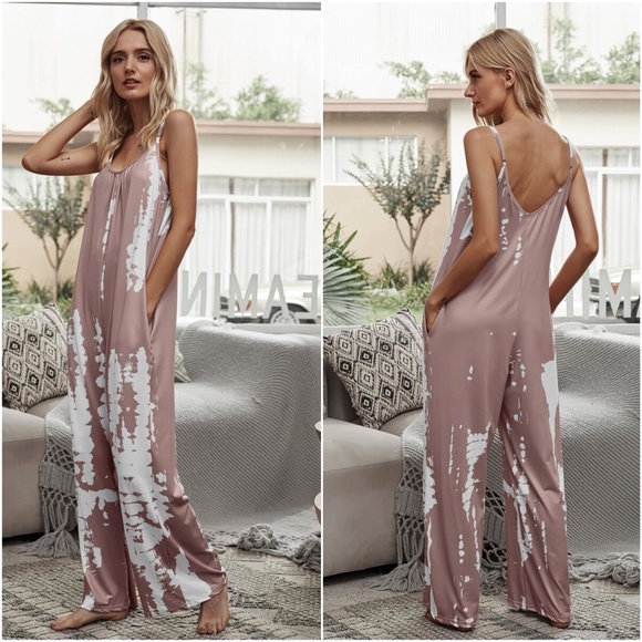 boho tie dye pocket wide leg jumpsuit Dusty Pink - Picture 9 of 10